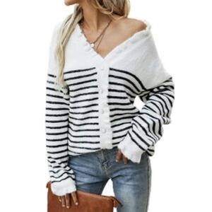 PRETTY GARDEN Sweater Womens‎ M Cardigan Nautical Stripes Buttons Soft Ruffle